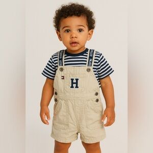 Tommy Hilfiger Kids Tan Overalls with Navy Striped Shirt